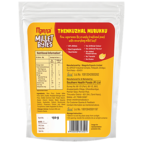 Manna Millet Bytes Thenkuzhal Murukku - With Real Butter, Crunchy, Traditional Indian Snack, 150 g