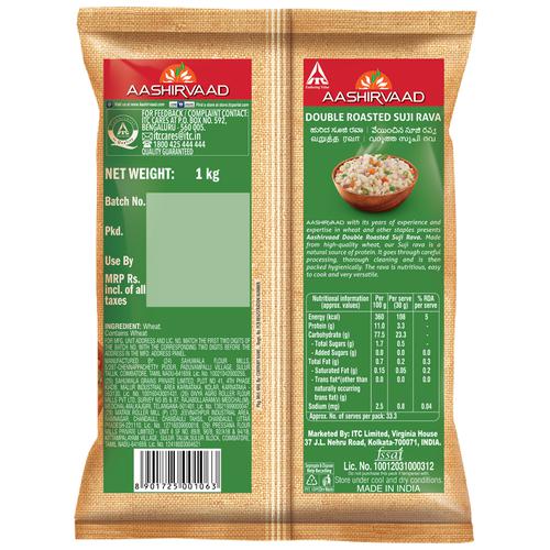 Aashirvaad Double Roasted Suji Rava - Less Moisture, More Quantity, Made From MP Wheat, 1 kg  