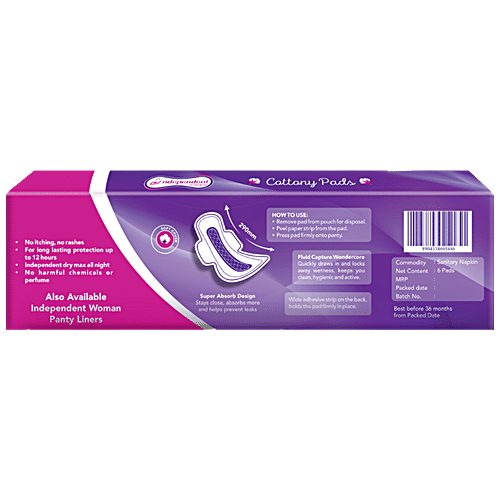 INDEPENDENT WOMEN Cottony Sanitary Pads - Provides Long-Lasting Protection, Prevents Leakage, XL, 6 pcs