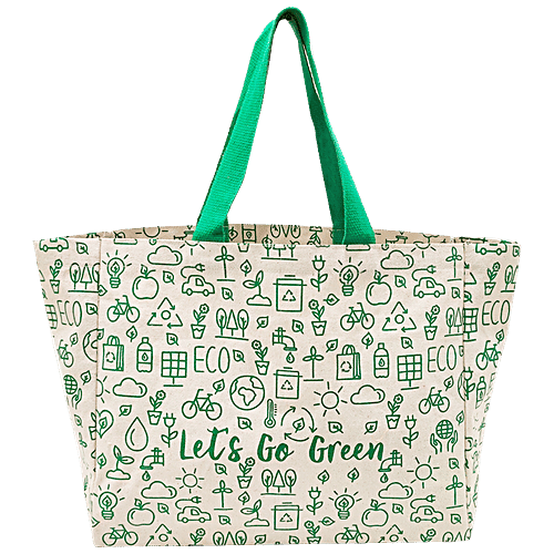 Earthbags Cotton Canvas Shopping Bag/Carry Bag - White Printed, With Flat Webbing Handles, 1 pc  