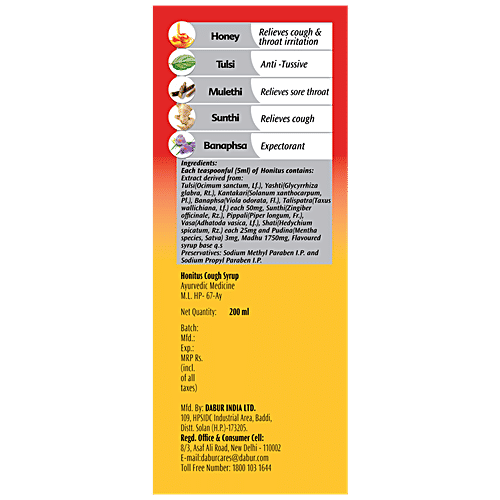 Dabur Honitus Cough Remedy - With Tulsi, Mulethi & Banaphsa, Honey Based Ayurvedic Syrup, 200 ml