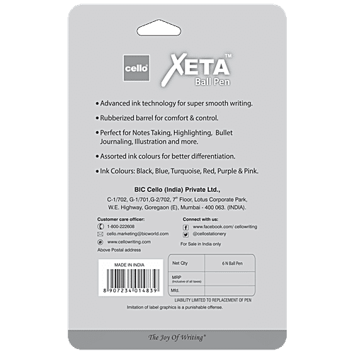 BIC Cello Xeta Ball Pen - For Smooth Writing, 0.8 mm, Assorted, 6 pcs  