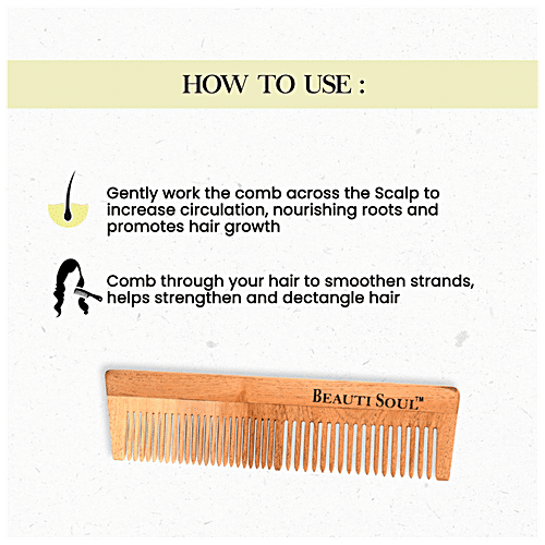 Beautisoul Wooden Neem Wood Comb - Lily, Handmade, Thin & Wide Tooth, 1 pc  