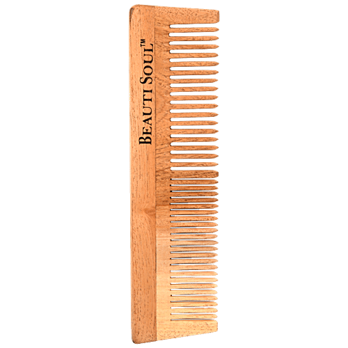 Beautisoul Wooden Neem Wood Comb - Lily, Handmade, Thin & Wide Tooth, 1 pc  