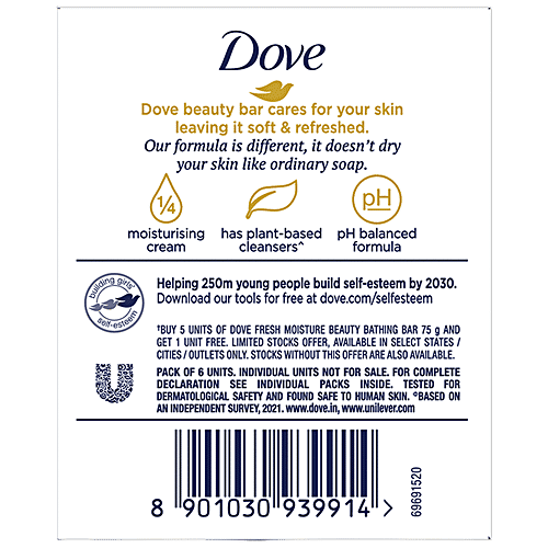Dove Fresh Moisture Beauty Bathing Bars, 75 g (Buy 5 Get 1 Free) Cucumber & Green Tea Scent
