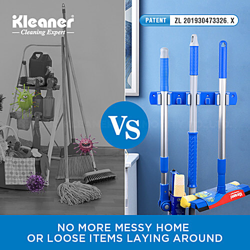 Kleaner Mop & Broom Holder With 3 Slots, 1 pc  2 Hooks, 3 Grippers, High Quality Plastic, Sturdy, Durable