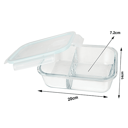 bb home Glass Lunch Box/ Storage Borosilicate Container With Lid 3 Compartment - Rectangle, Assorted Colour, 980 ml  