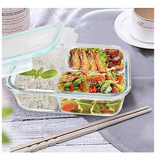 bb home Glass Lunch Box/ Storage Borosilicate Container With Lid 3 Compartment - Rectangle, Assorted Colour, 980 ml  