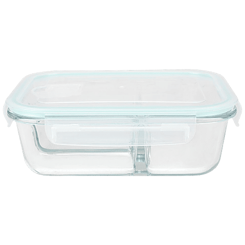 bb home Glass Lunch Box/ Storage Borosilicate Container With Lid 3 Compartment - Rectangle, Assorted Colour, 980 ml  