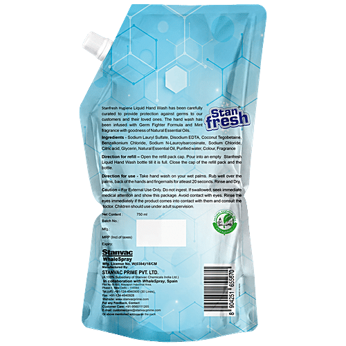 Stanfresh Hygiene Liquid Hand Wash - With Natural Essential Oils, Germ Fighter Formula, Mint, 750 ml (Pack of 2) 