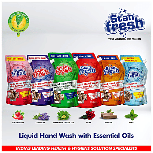 Stanfresh Hygiene Liquid Hand Wash - With Natural Essential Oils, Germ Fighter Formula, Mint, 750 ml (Pack of 2) 