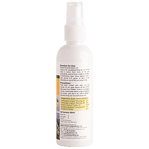Herbal Strategi Pet Spray - No Chemicals, For Ticks, Fleas, Lice, Mites, 100 ml  