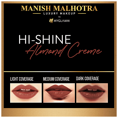 MyGlamm Hi-Shine Lipstick - Luscious Texture, High Coverage, Mirror Shine, Manish Malhotra Beauty, 4 g 25 Almond Crème 