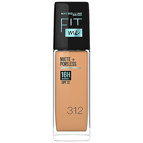 Maybelline New York Fit Me Matte+ Poreless Liquid Foundation - Matte Finish With 16H Oil Control, SPF 22, 30 ml Golden 312 
