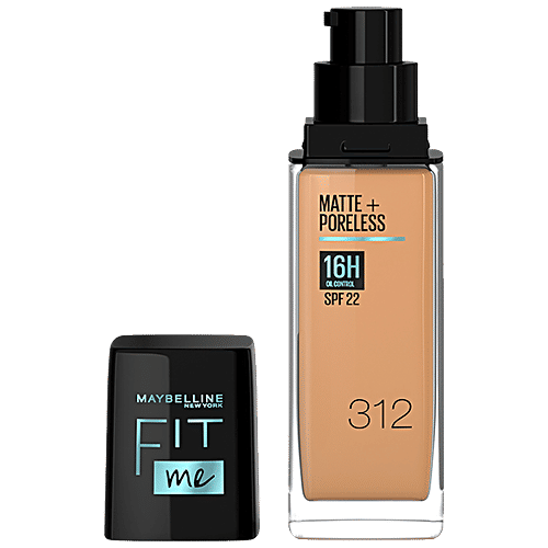 Maybelline New York Fit Me Matte+ Poreless Liquid Foundation - Matte Finish With 16H Oil Control, SPF 22, 30 ml Golden 312 