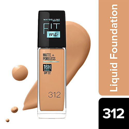 Maybelline New York Fit Me Matte+ Poreless Liquid Foundation - Matte Finish With 16H Oil Control, SPF 22, 30 ml Golden 312 