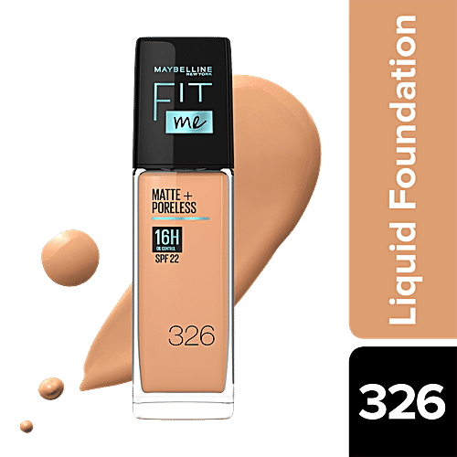 Maybelline New York Fit Me Matte+ Poreless Liquid Foundation - Matte Finish With 16H Oil Control, SPF 22, 30 ml Warm Tan 326