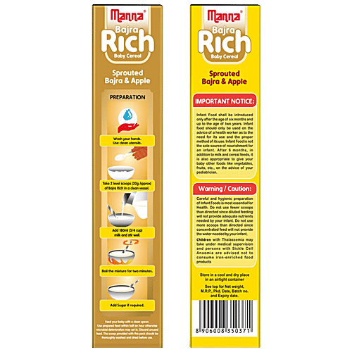 Manna Baby Cereal - Sprouted Bajra & Apple, Ready To Cook, 6+ Months, 200 g  