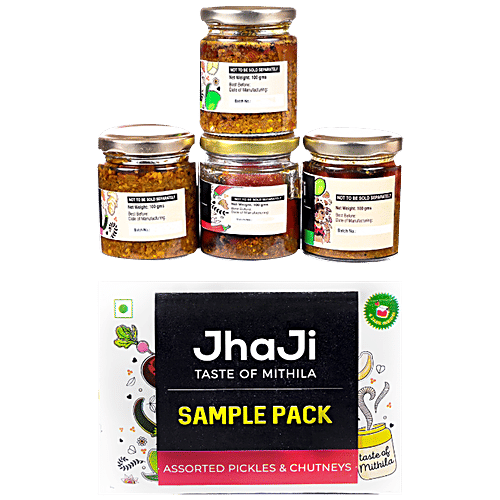 JhaJi Pickles - Mithila Special Mango, Lal Mirch Bharua, Amra, Garlic Ginger Green Chilli, 100 g (Pack of 4)
