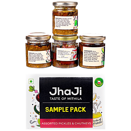 JhaJi Pickles - Mithila Special Mango, Lal Mirch Bharua, Amra, Garlic Ginger Green Chilli, 100 g (Pack of 4)