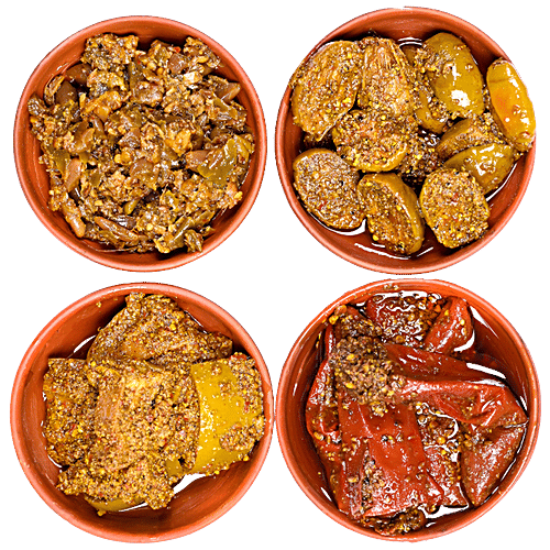 JhaJi Pickles - Mithila Special Mango, Lal Mirch Bharua, Amra, Garlic Ginger Green Chilli, 100 g (Pack of 4)