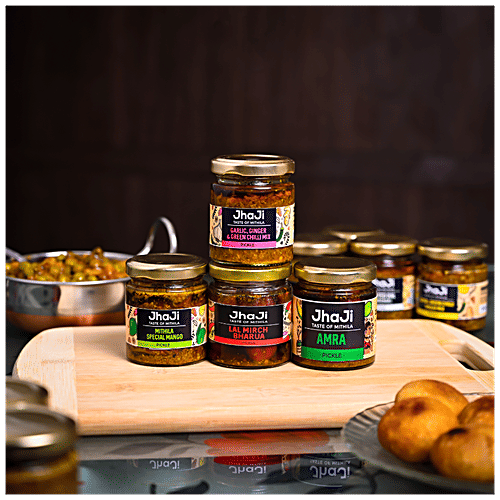 JhaJi Pickles - Mithila Special Mango, Lal Mirch Bharua, Amra, Garlic Ginger Green Chilli, 100 g (Pack of 4)