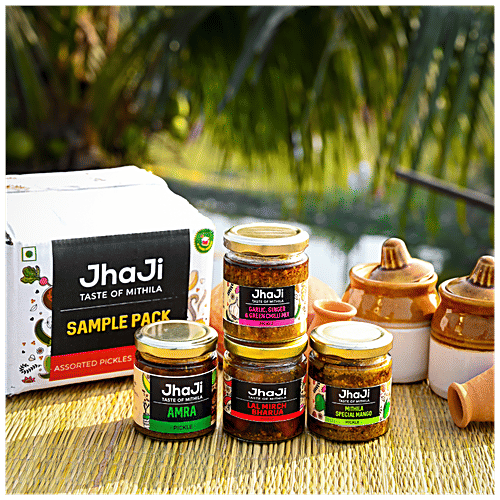 JhaJi Pickles - Mithila Special Mango, Lal Mirch Bharua, Amra, Garlic Ginger Green Chilli, 100 g (Pack of 4)