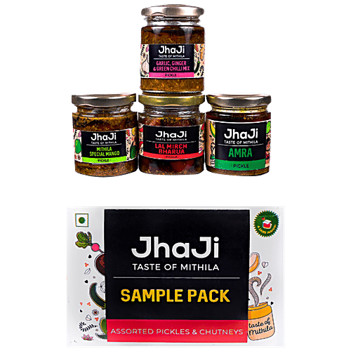 JhaJi Pickles - Mithila Special Mango, Lal Mirch Bharua, Amra, Garlic Ginger Green Chilli, 100 g (Pack of 4)