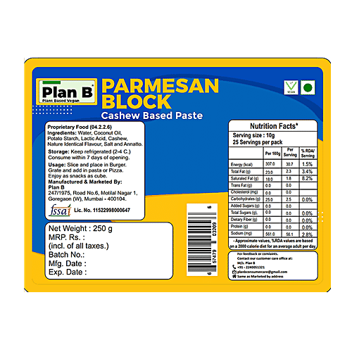 Buy Plan B Vegan Parmesan Cheese Block Cashew Based Paste Online at
