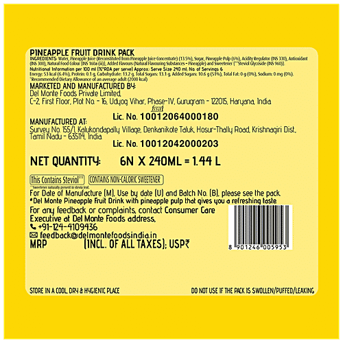 Del Monte Fruit Drink - Pineapple, 240 ml (Pack of 6) 