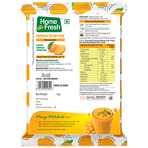 Buy Home Fresh Alphonso Mango Pulp Natural/ Unsweetened Online at