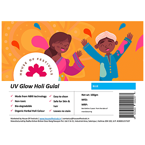 House of Festivals Uv Shade Organic Herbal Holi Colour/Gulal - Blue,Non-Toxic,For Festive Use, 100 g  