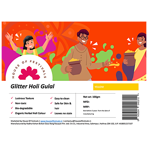 House of Festivals Glitter Organic Herbal Holi Colour/Gulal - Yellow,Non-Toxic,For Festive Use, 100 g