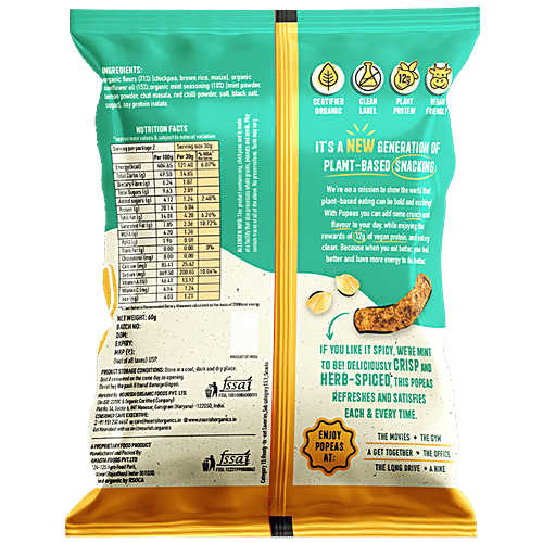 Nourish Organics Baked Popeas - Organic Chickpea Puffs, Spicy Mint, High in Protein, Gluten Free, 60 g  