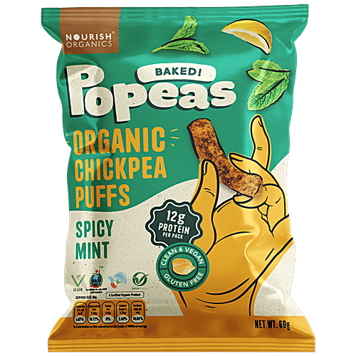Nourish Organics Baked Popeas - Organic Chickpea Puffs, Spicy Mint, High in Protein, Gluten Free, 60 g  