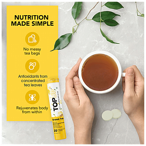 TopUp Green Tea Effervescent Tablet - Detoxifies Body, Ginger & Lemon Flavour, 68 g (20 pcs) Delicious Ginger & Lemon
 Packed with Antioxidants