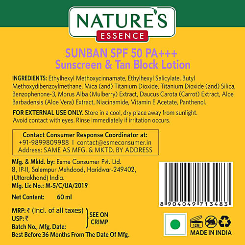 Natures Essence SunBan Sunscreen & Tan Block Lotion - SPF 50 PA+++, Non-Sticky Formula, 60 ml  