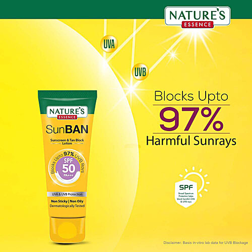 Natures Essence SunBan Sunscreen & Tan Block Lotion - SPF 50 PA+++, Non-Sticky Formula, 60 ml  