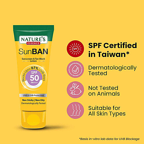 Natures Essence SunBan Sunscreen & Tan Block Lotion - SPF 50 PA+++, Non-Sticky Formula, 60 ml  