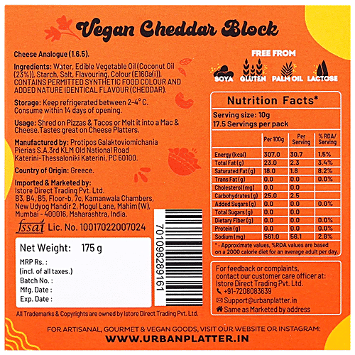 Buy Urban Platter Vegan Cheddar Cheese Coconut Oil, 100 Dairy Free