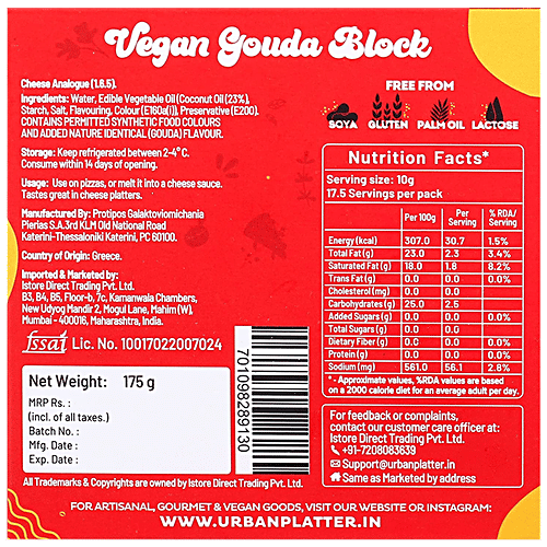 Buy Urban Platter Vegan Gouda Cheese Block Coconut Oil, 100 Dairy Free Online at Best Price