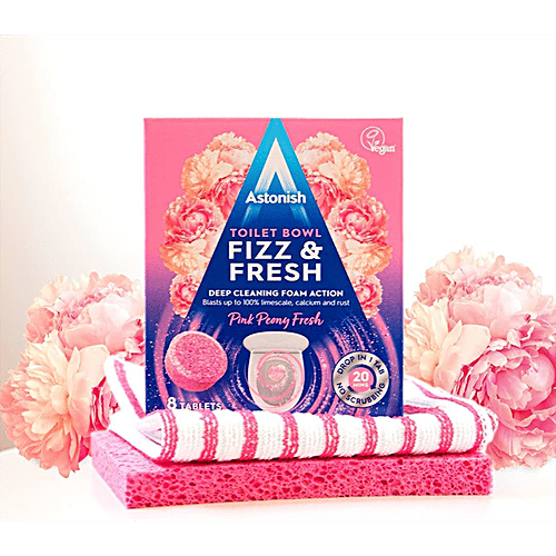 Astonish Toilet Bowl Tablet - Fizz & Fresh, Deep Cleaning Foam Action, Pink Peony Fresh, 8 pcs  Fizz & Fresh
 Deep Cleaning Foam Action
 Blasts up to  Limescale, Calcium and Rust