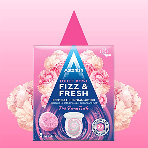 Astonish Toilet Bowl Tablet - Fizz & Fresh, Deep Cleaning Foam Action, Pink Peony Fresh, 8 pcs  Fizz & Fresh
 Deep Cleaning Foam Action
 Blasts up to  Limescale, Calcium and Rust