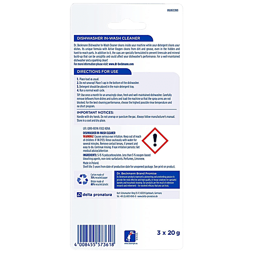 Dr. Beckmann Dishwasher In-Wash Cleaner - Removes Dirt & Grease, For A Sparkling Clean, 20 g (3 pcs) 