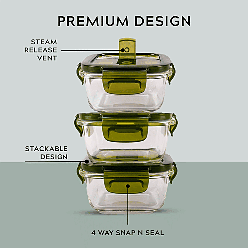 Home Puff Borosilicate Glass Lunch Box - Microwavable, AirVent Lid, Premium Carry Bag, Square, Green, 960 ml (320 ml x 3 N) 