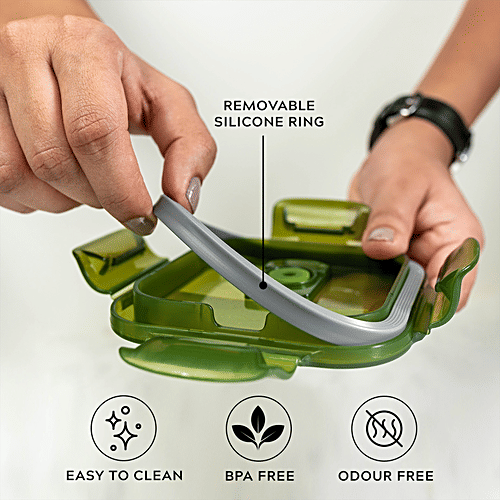 Home Puff Borosilicate Glass Lunch Box - Microwavable, AirVent Lid, Premium Carry Bag, Square, Green, 960 ml (320 ml x 3 N) 