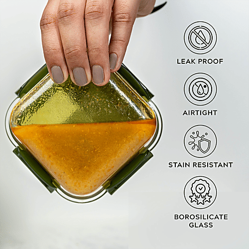 Home Puff Borosilicate Glass Lunch Box - Microwavable, AirVent Lid, Premium Carry Bag, Square, Green, 960 ml (320 ml x 3 N) 