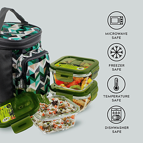 Home Puff Borosilicate Glass Lunch Box - Microwavable, AirVent Lid, Premium Carry Bag, Square, Green, 960 ml (320 ml x 3 N) 