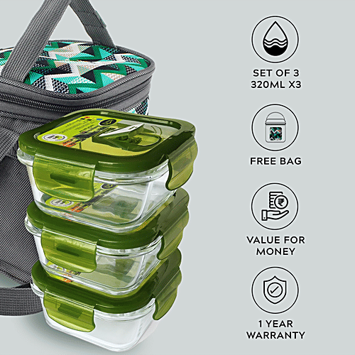 Home Puff Borosilicate Glass Lunch Box - Microwavable, AirVent Lid, Premium Carry Bag, Square, Green, 960 ml (320 ml x 3 N) 