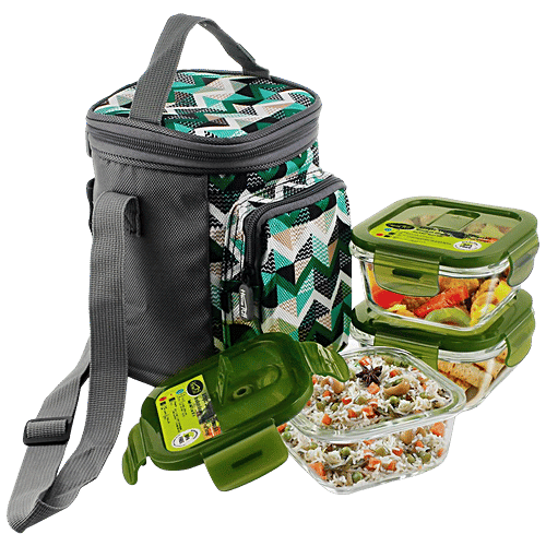 Home Puff Borosilicate Glass Lunch Box - Microwavable, AirVent Lid, Premium Carry Bag, Square, Green, 960 ml (320 ml x 3 N) 